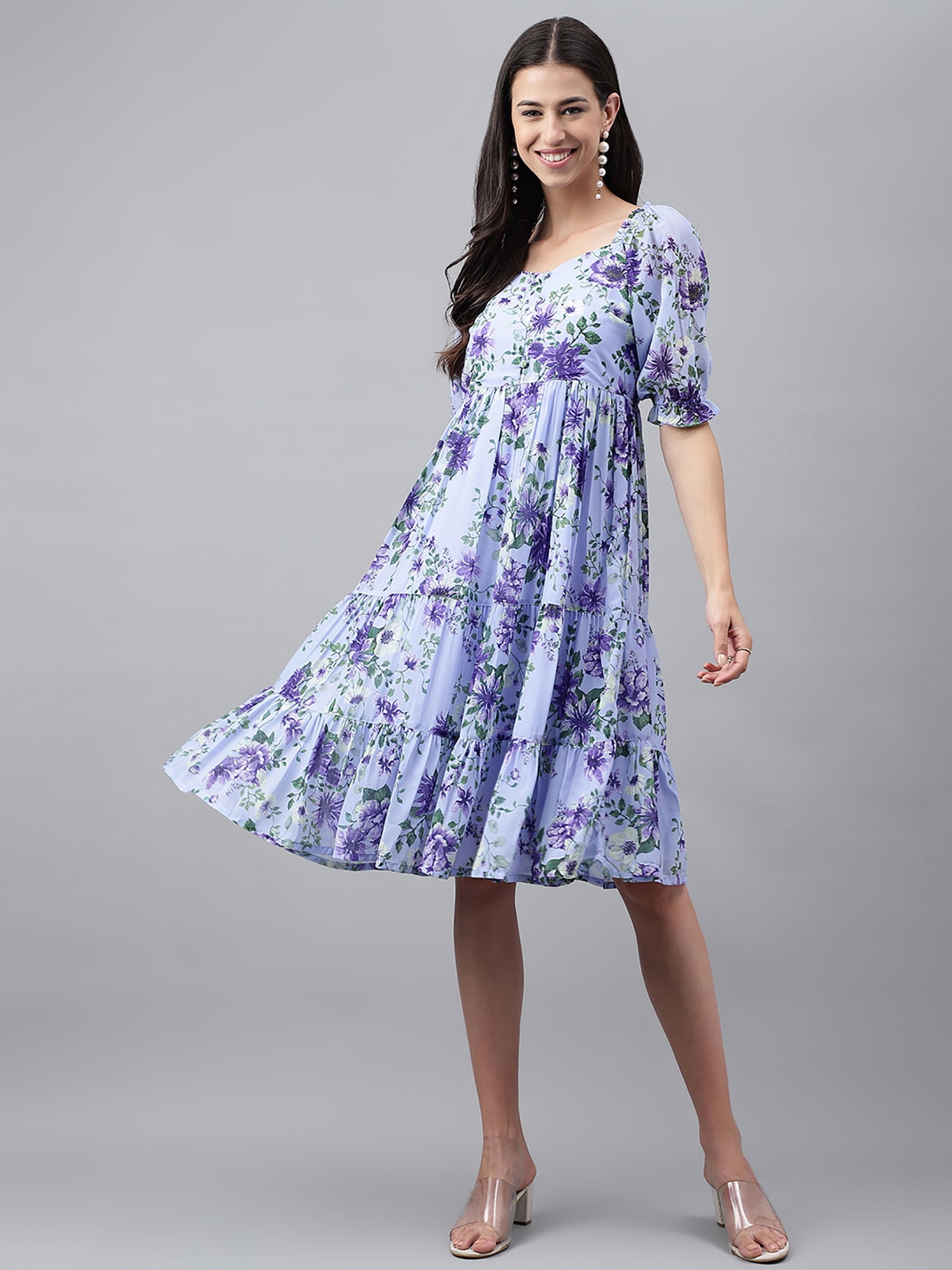 Janasya Lavender Georgette Floral Printed Tiered Midi Dress with Sweetheart  Neck and Half Puff Sleeves - Walmart.com