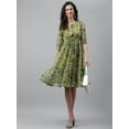 thumbnail image 1 of Janasya Olive Green Chiffon Lurex Floral Printed Keyhole Neck Half Sleeve Flared Midi Dress, 1 of 8