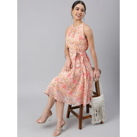 Janasya Peach Summer Boho Georgette Floral Print Casual A-line Halter Neck Midi Dress For Women