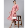thumbnail image 1 of Janasya Pink Georgette Floral Print Casual A-line Cuffed Sleeves Round Neck Loose Midi Dress With Belt, 1 of 7
