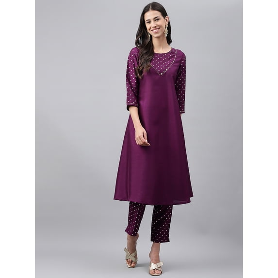 Janasya Purple Crepe Silk Solid Round Neck 3/4th Sleeves A-line Kurta with Straight Pants