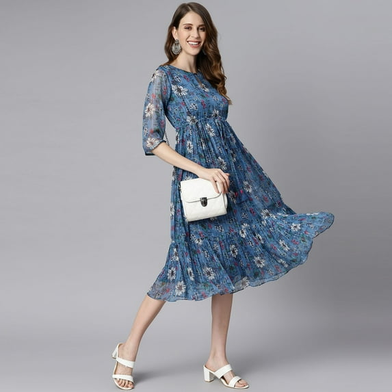 Janasya Summer Boho 3/4th Sleeve Floral Blue Poly Georgette Flared Midi Dress For Women