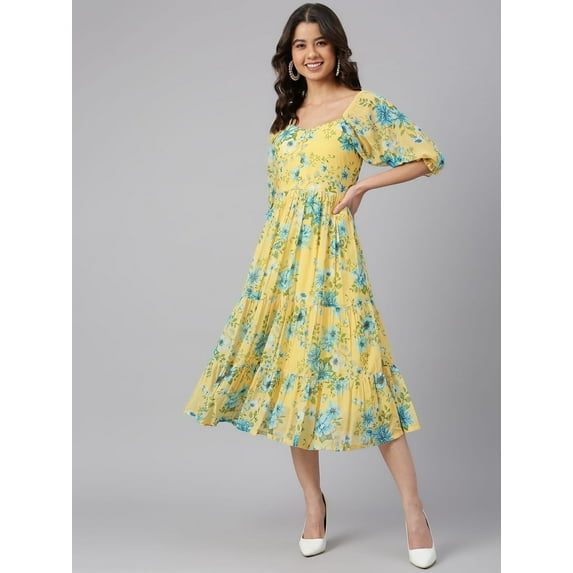 Janasya Summer Boho Yellow Georgette Floral Print Casual Flared Puff Sleeve Sweetheart Neck Tiered Midi Dress