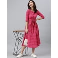 thumbnail image 1 of Janasya Summer Round Neck Half Sleeve Woven Design Pink Cotton Tiered Midi Dress For Women, 1 of 5