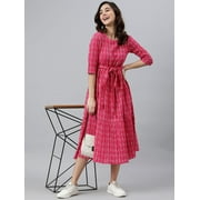 Janasya Summer Round Neck Half Sleeve Woven Design Pink Cotton Tiered Midi Dress For Women