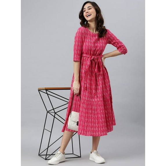 Janasya Summer Round Neck Half Sleeve Woven Design Pink Cotton Tiered Midi Dress For Women