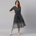 thumbnail image 1 of Janasya V-Neck 3/4 Sleeve Striped Black Cotton Western Dress With Pocket For Women,Summer Dress/Summer Wear, 1 of 7