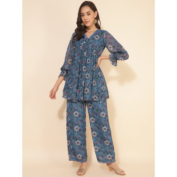 Janasya Women's Blue Chiffon Lurex Floral Printed Co-ord Set