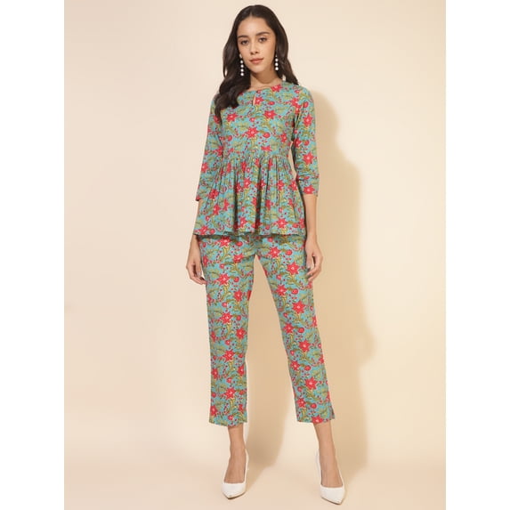 Janasya Women's Blue Cotton Printed Co-Ord Set