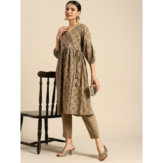 Janasya Women's Brown Cotton Ethnic Motifs Foil Printed Kurta with Pant