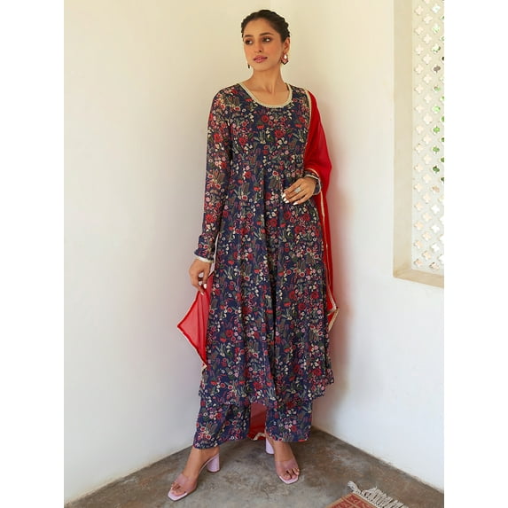Janasya Women's Dark Blue Georgette Digital Floral Printed Anarkali Kurta with Palazzo and Dupatta