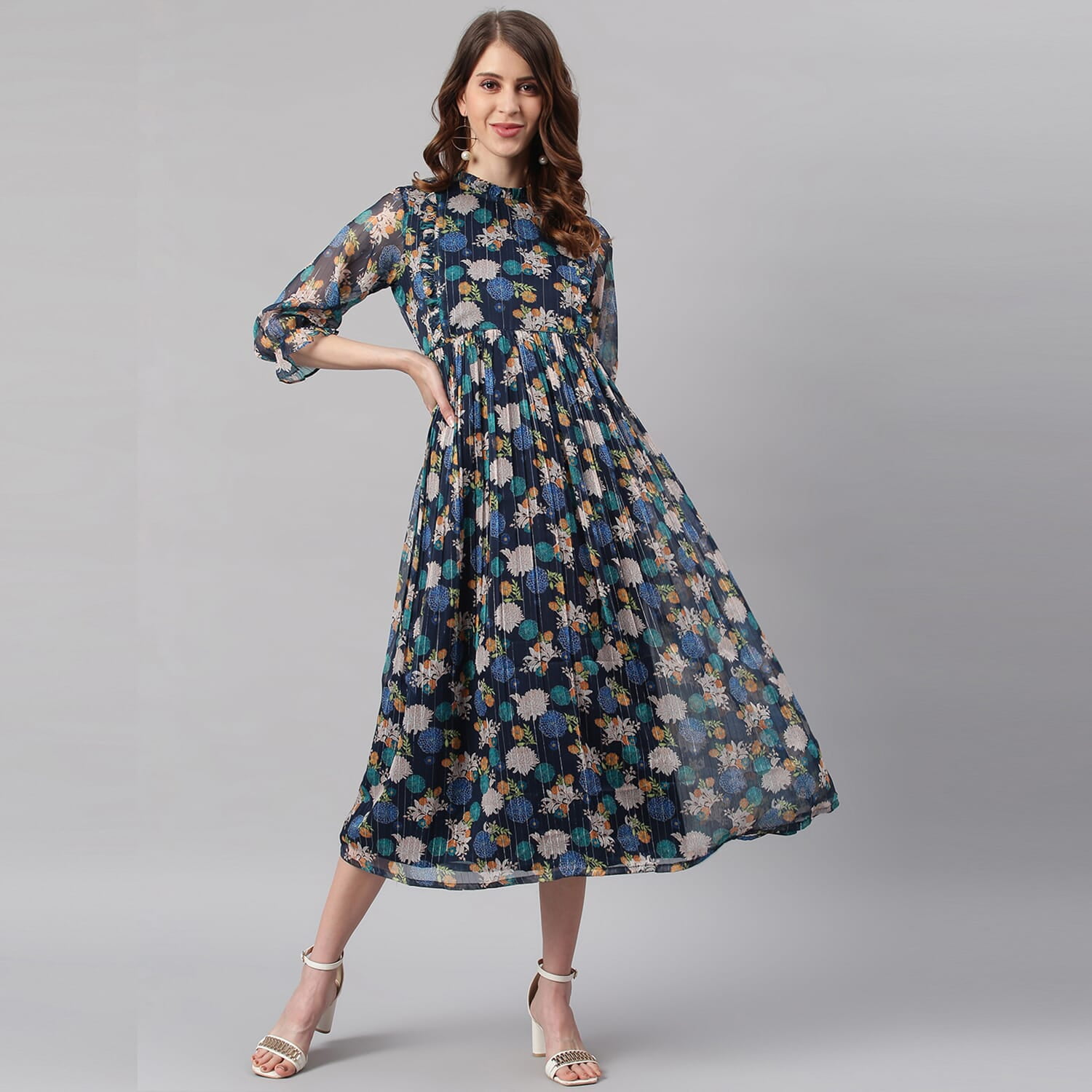 Janasya Professional Office Leisure Floral Midi Dress Navy Blue 3 4 Sleeve Poly Georgette for Women Walmart