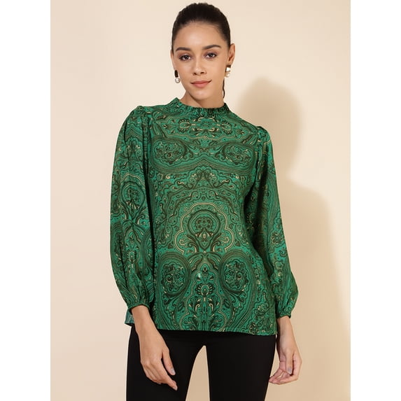 Janasya Women's Green Georgette Digital Printed Regular Top