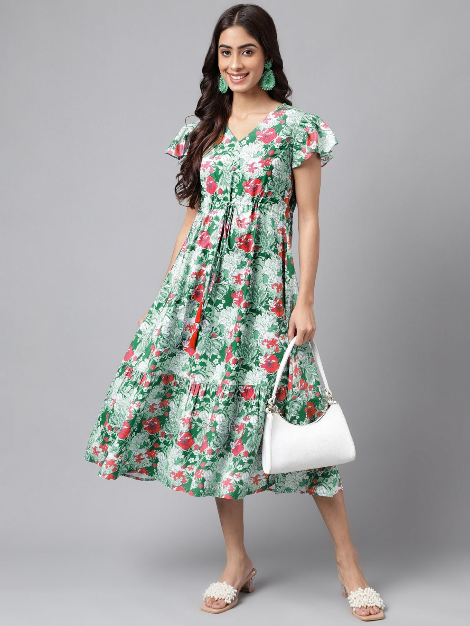 Janasya Women's Green Moss Floral Printed A-line Dress - Walmart.com