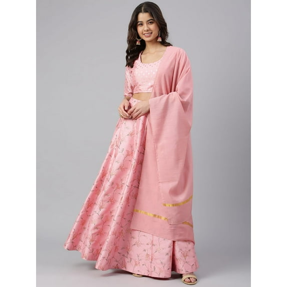 Janasya Women's Indian wear Pink Poly Silk Gold Print Party Wear Crop Blouse and 3/4 Sleeve Round Neck Lehenga Choli