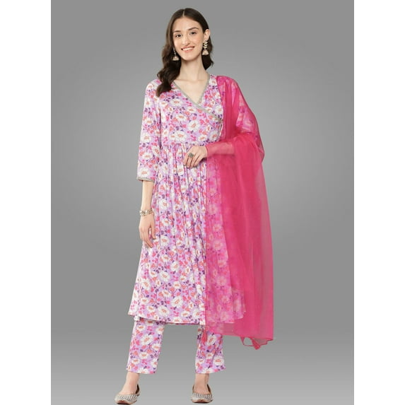 Janasya Women's Lavender Moss Digital Floral Printed Pant Set with Scarf