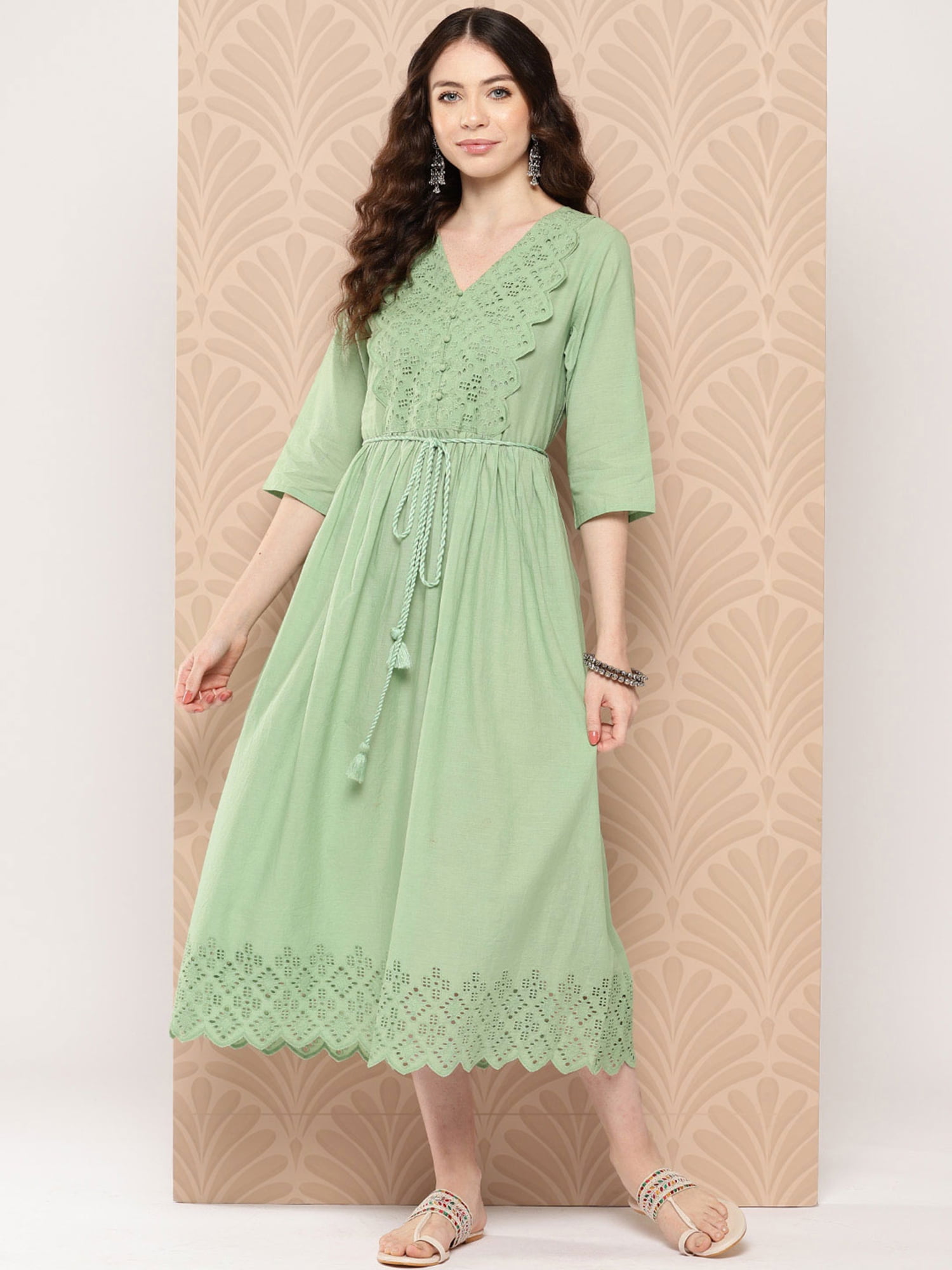 Janasya Women's Light Green Cotton Schiffli Flared Dress - Walmart.com
