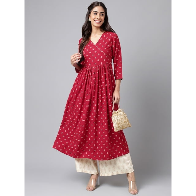 Janasya Vestito Donna Anarkali In Polysilk Oro | Collezione Premium | Lunghezza 132 Cm Manica 3/4