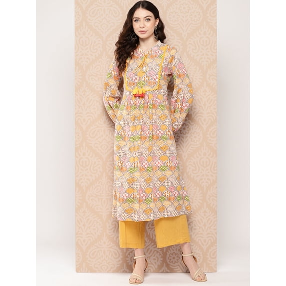 Janasya Women's Multicolor Cotton Motifs A-Line Dress