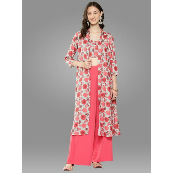 Janasya Women's Multicolor Moss Digital Floral Printed Pant Set with Jacket