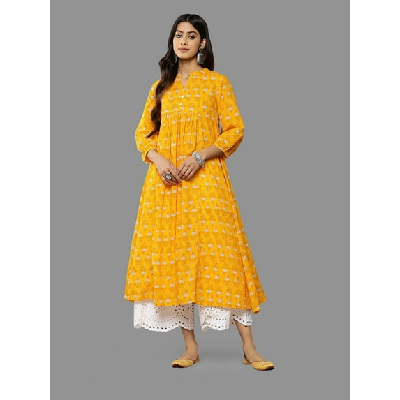 Janasya Women's Mustard Cotton Botanical Print Flared Dress