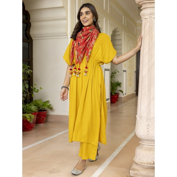 Janasya Women's Mustard Rayon Solid Dress with Palazzo and Scarf