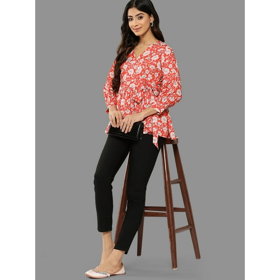 Janasya Women's Orange Crepe Digital Floral Print Peplum Top
