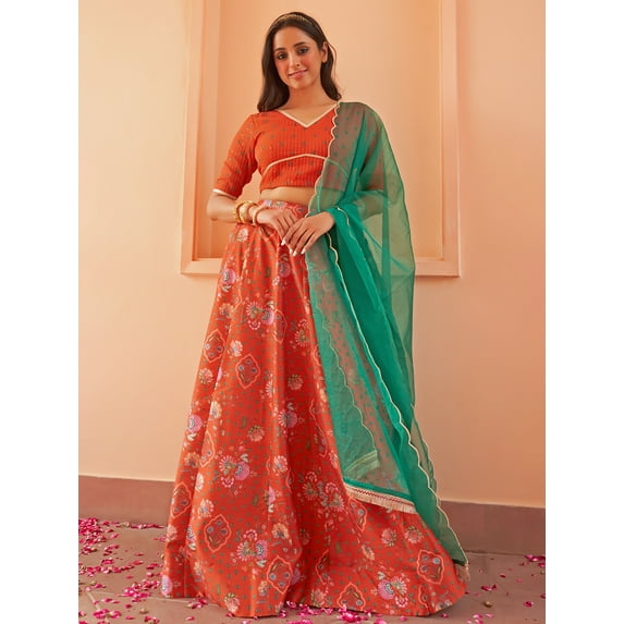 Janasya Women's Orange Crepe Silk Digital Floral Printed Skirt Blouse With Scarf