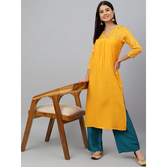 Janasya Women's Orange Rayon Gold Floral Print Angarkha Kurta