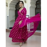 Janasya Women's Pink Brocade Woven Design Dress with Palazzo and Dupatta