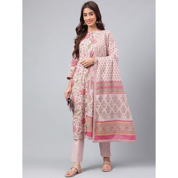 Janasya Women's Pink Cotton Floral Printed Pant Set with Scarf