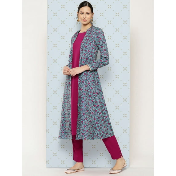 Janasya Women's Pink Crepe Digital Ethnic Printed Jacket Style Kurta with Pant