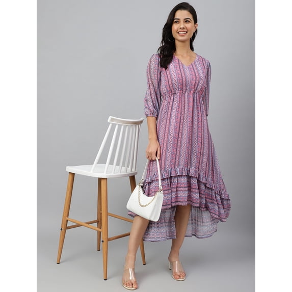 Janasya Women's Pink Dobby Georgette Digital Print High Low Western Dress