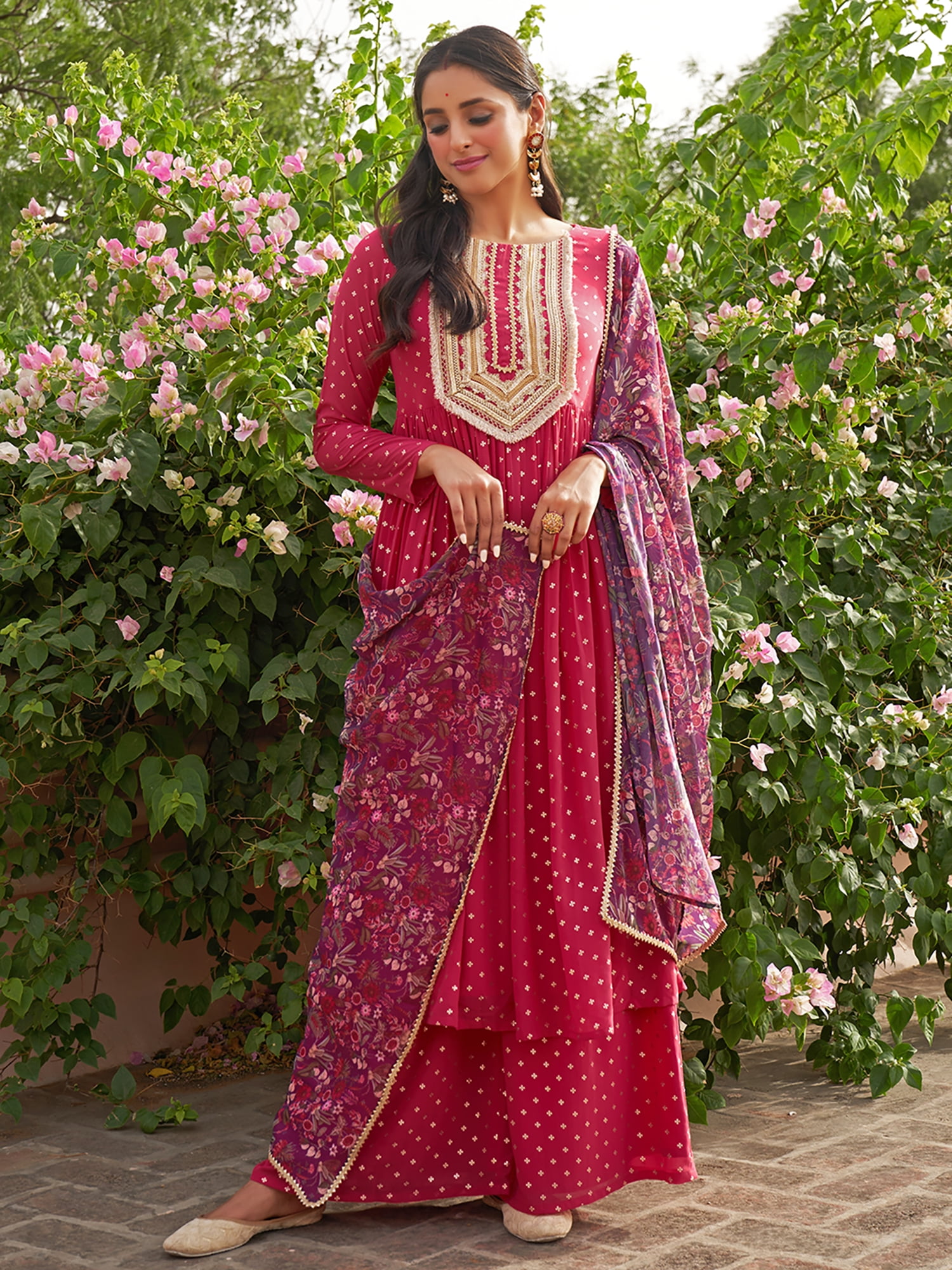 Janasya Women's Casual Summer Dress - Cotton, Pink Abstract Print, Gathered Style