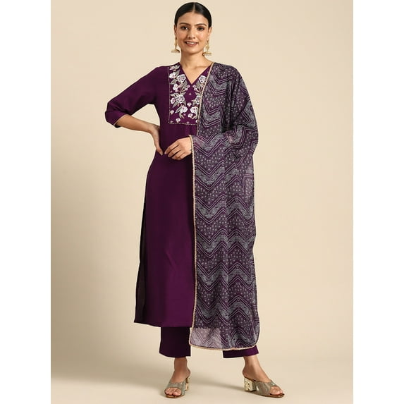 Janasya Women's Purple Crepe Silk Yoke Embroidered Kurta with Pant and Dupatta
