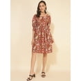 thumbnail image 1 of Janasya Women's Red Cotton Floral Printed Gathered Dress, 1 of 8