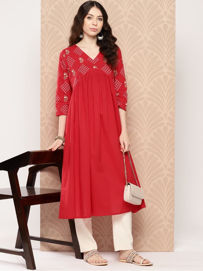 Janasya Women's Red Cotton Yoke Printed Gathered Dress - Walmart.com