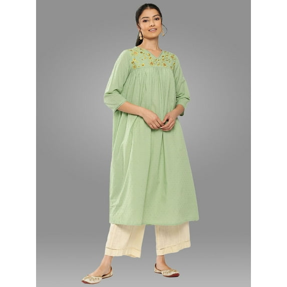 Janasya Women's Sage Green Dobby Cotton Solid Empire Dresses