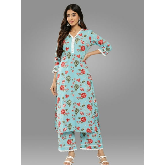 Janasya Women's Sky Blue Cotton Floral Printed Pant Set