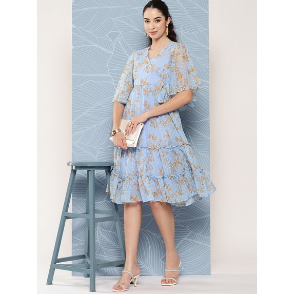 Janasya Women's Sky Blue Dobby Georgette Digital Printed Flared Dress
