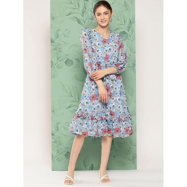 Janasya Women's Sky Blue Georgette Digital Printed A Line Dress - Walmart  Business Supplies