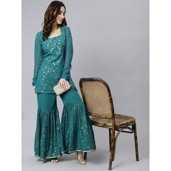 Janasya Women's Teal Crepe Gold Print Festive Straight Full Sleeve Square Neck Thigh Length Kurta With Gharara