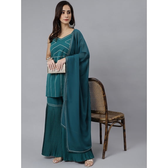 Janasya Women's Teal Green Crepe Gotta Lace Festive Straight Shoulder Straps V-Neck Thigh Length Kurta With Sharara & Dupatta