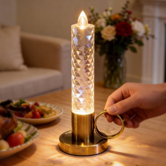 JandCase Flameless Candles, Rechargeable Taper Candles Battery Operated, LED Acrylic Crystal Pillar Candles, 0.4W Dimmable Small Cordless Table Lamp for Valentines Wedding Centerpiece Decorations