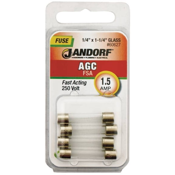 Jandorf 60627 Cartridge Fast-Acting Fuse 1.5 A 250 V 10 kA at 125 VAC 100 A at 250 VAC IR