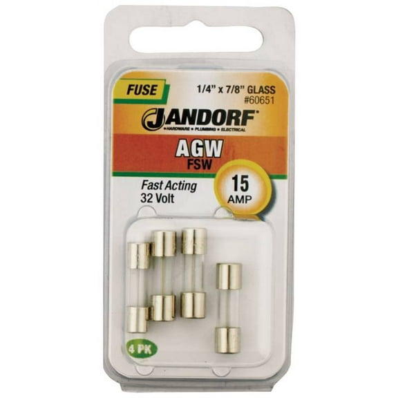 Jandorf 60651 AGW Fast Acting Glass Tube Fuse, 15 Amp, 1/4" x 7/8"