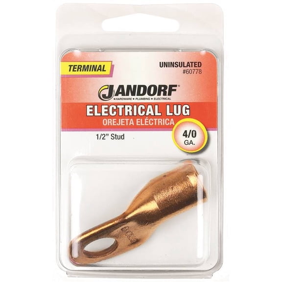 Jandorf 60778 Electrical Lug, 4/0 AWG Wire, 1/2 in Stud, Copper Contact, Brown