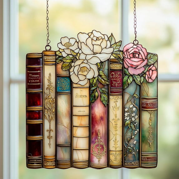 Jane Austen Book Stack Acrylic Suncatcher, Faux Stained Glass Window Hanging for Vintage Library or Book Lover Room Decor