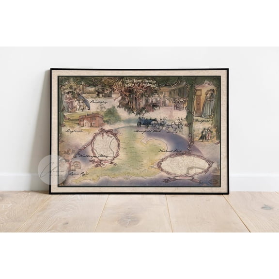 The Jane Austen Map Of England, Antique Wall Decor For Book Lovers, Vintage Book Print, Bookish For Bookworms Home Decor #176, Unframed Poster Size 16x24