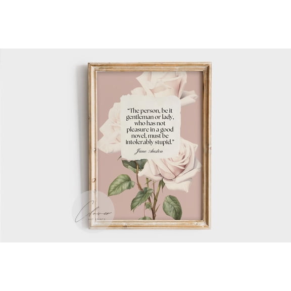 Jane Austen Quote Wall Art, Good Novel Lover, Romantic Feminine Literary Print With Roses For Bookish Room Decor, Aesthetic Book Art Home Decor #250, Stretched Canvas Size 8x12